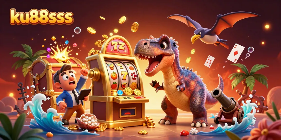 ku88sss brings excitement with a dinosaur hitting a jackpot slot machine for coins