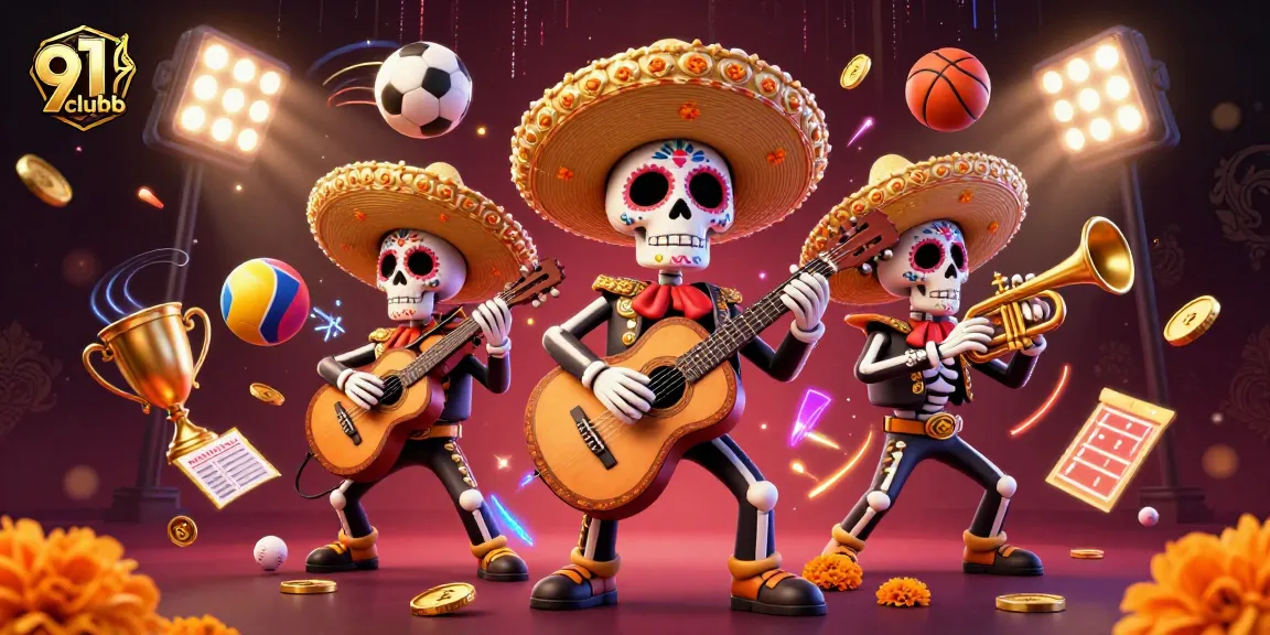Experience the excitement of 91clubb with colorful mariachi skeletons and dynamic sports elements.