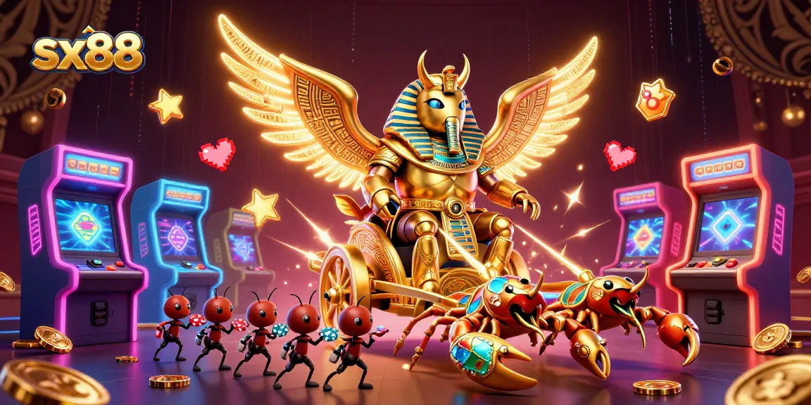 Experience thrilling casino games at sx88 with a colossal scarab beetle and golden scorpions.