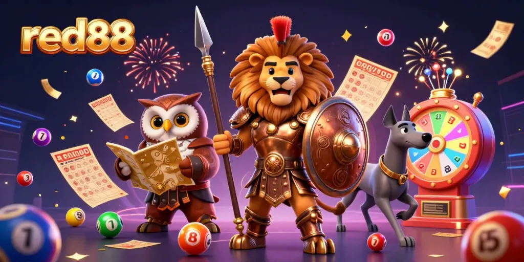 Experience red88 with a vibrant 3D illustration showcasing thrilling casino elements and dynamic gameplay.