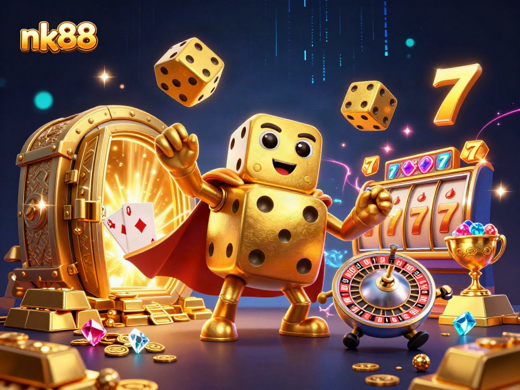Hit the jackpot with nk88's vibrant 3D casino scene showcasing golden dice and slot reels!