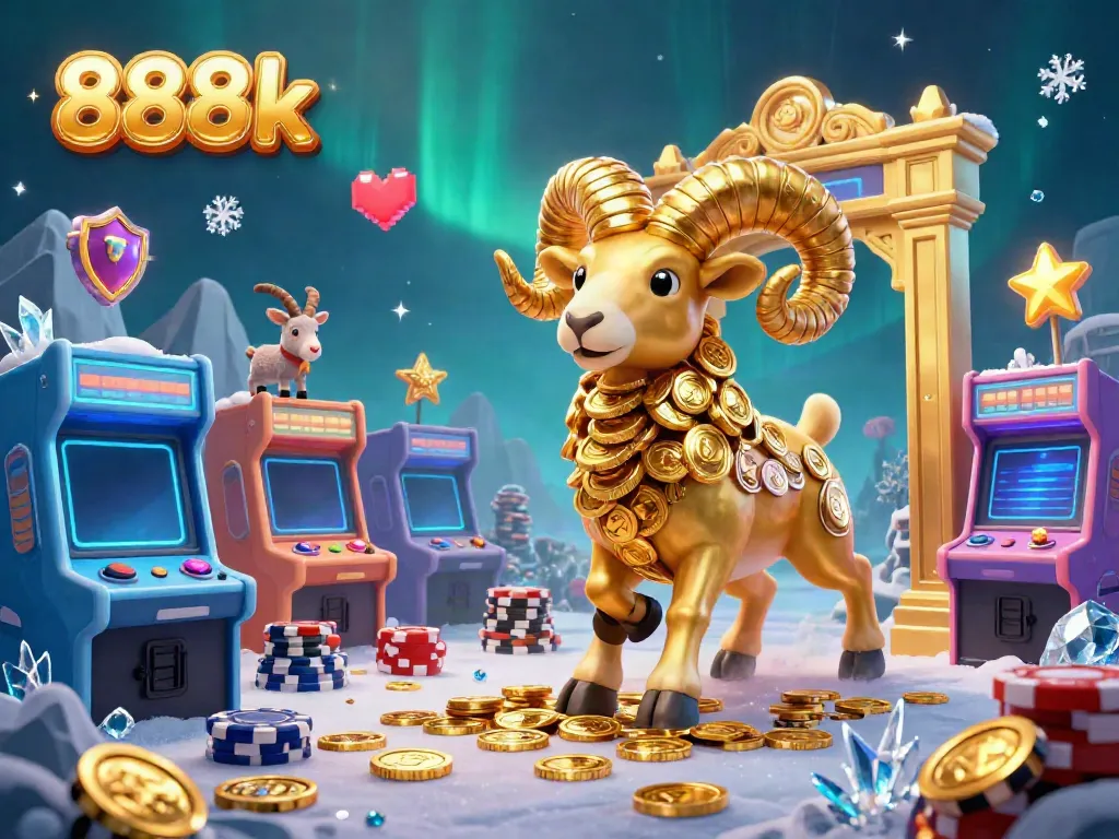 Engage in thrilling gameplay with 888k: a dynamic 3D casino scene featuring golden ram and arcade elements.