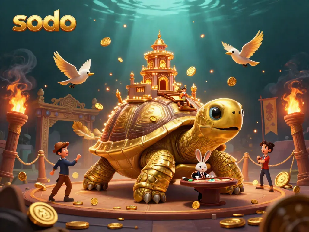 Sodo features a vibrant scene with a golden tortoise casino, a rabbit dealer, and coins flying around.