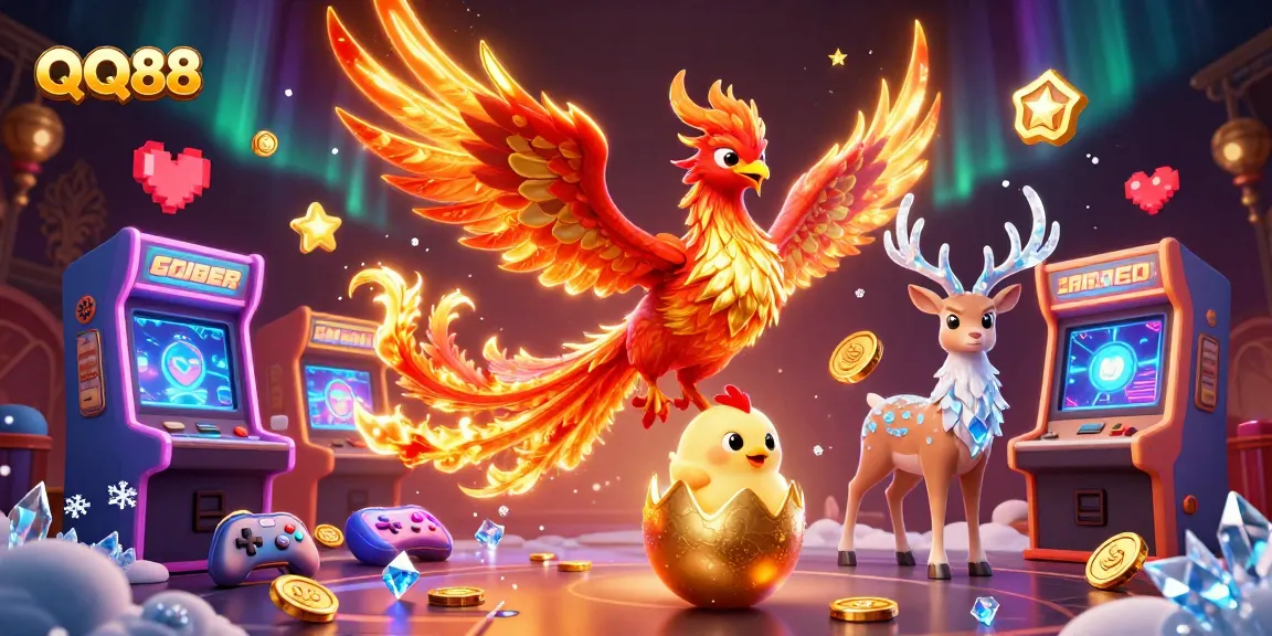 Experience the excitement of QQ88 with a vibrant phoenix and gaming elements capturing thrilling casino action.