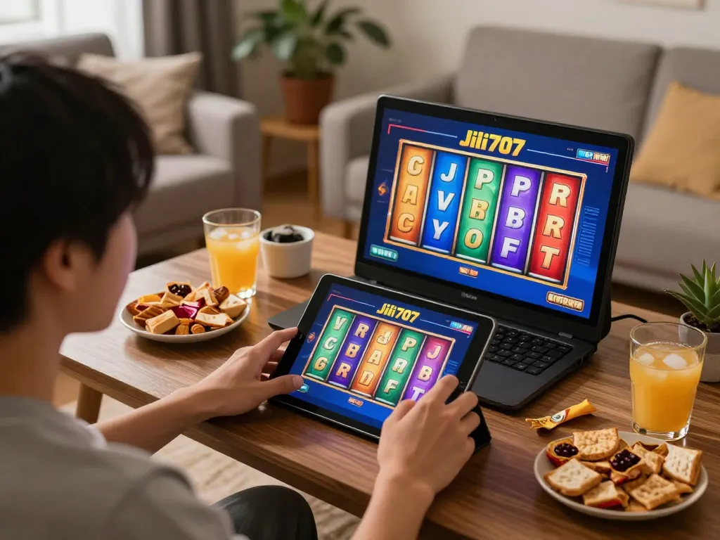 Engaging gameplay with jili707 slot machines from home setting, showcasing comfort and excitement