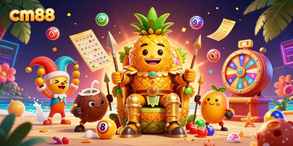 Engage in thrilling gameplay at cm88, featuring the golden pineapple king and vibrant lottery elements in an exciting casino atmosphere.