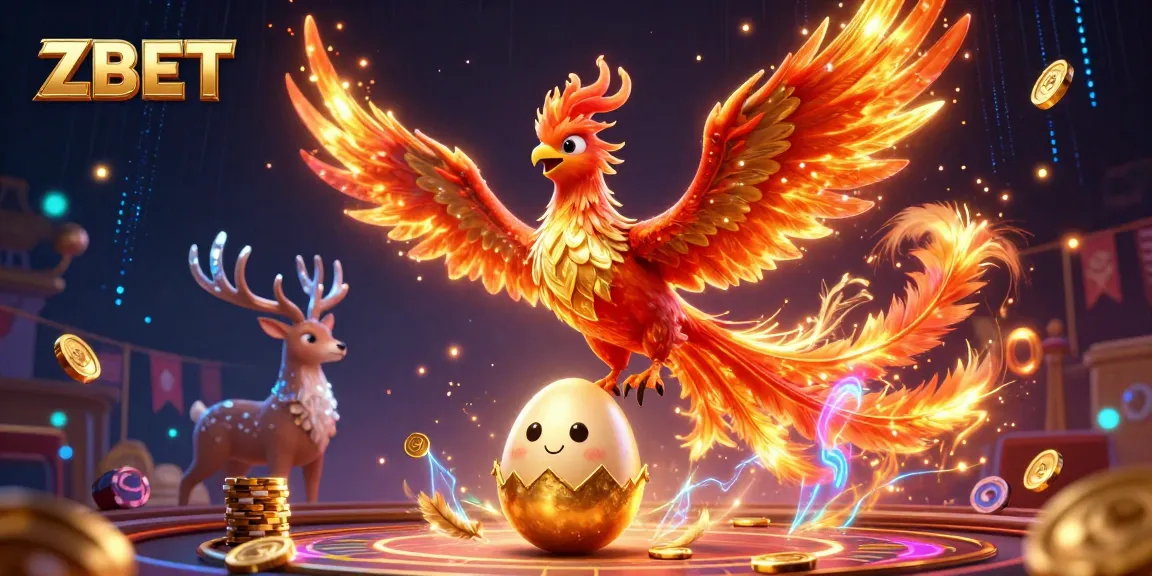 ZBET casino experience showcasing vibrant elements with phoenix and stag amidst dynamic gaming action.