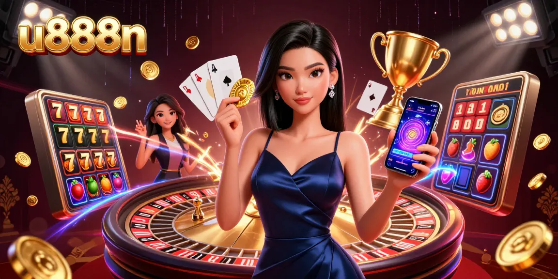 Experience thrilling gameplay at u888n with a stunning Asian woman showcasing casino excitement.