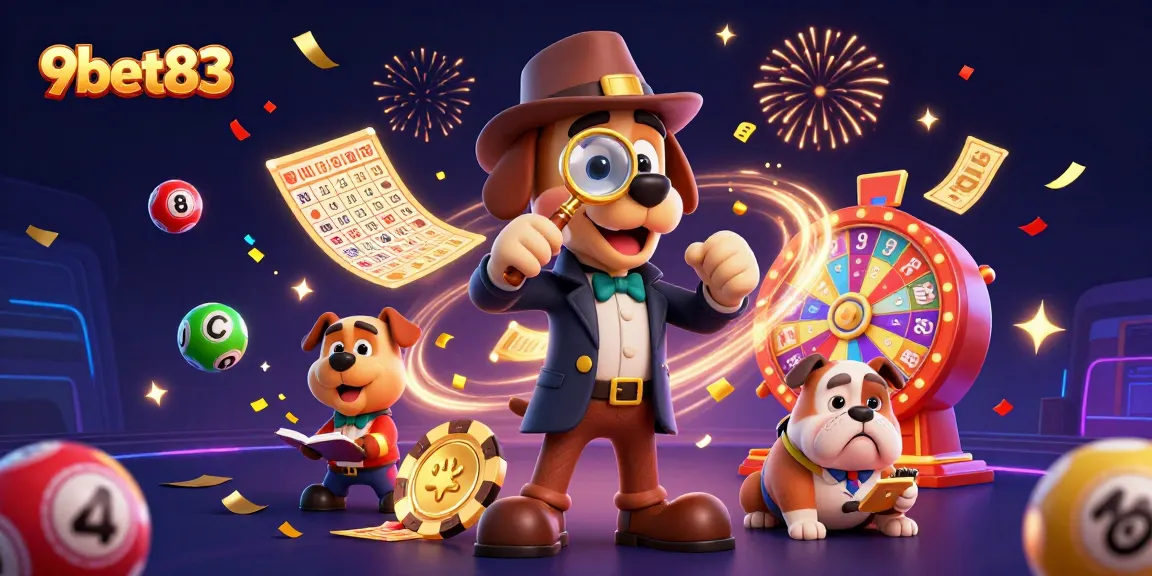 Engage with 9bet83's vibrant scene as a bloodhound detective and bulldog uncover treasure clues amidst lottery games.