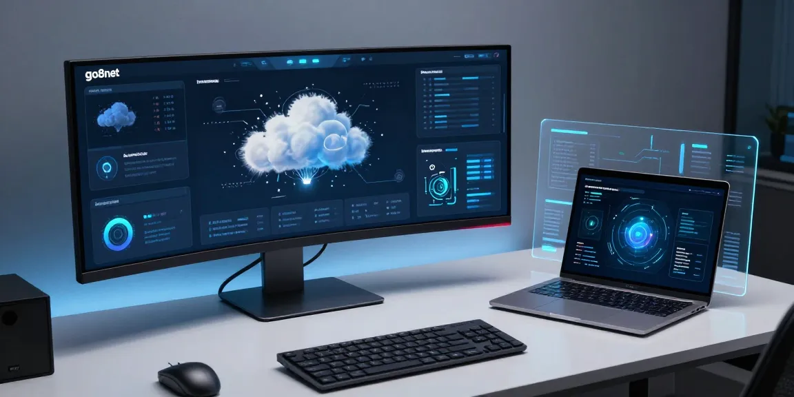 Explore the innovative tech of go8net with cloud computing and AI solutions in a sleek workspace.