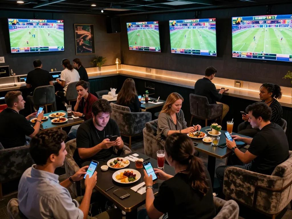 Kèo nhà cái hôm nay displayed prominently in a lively sports betting lounge, with bettors focused on live matches and odds