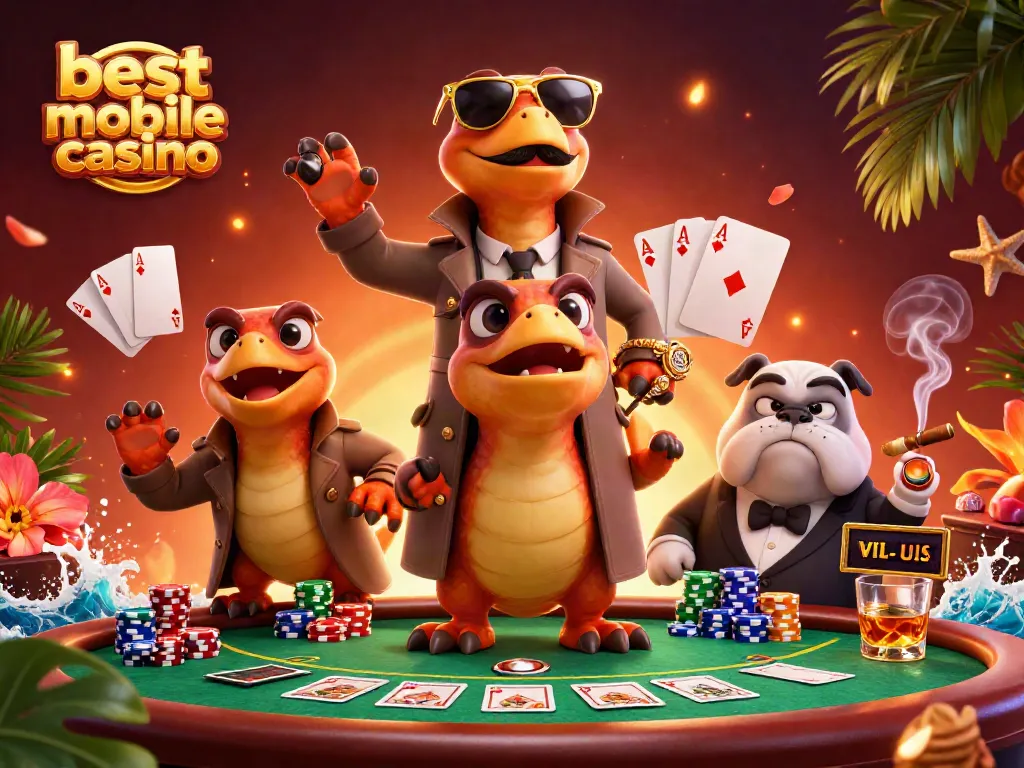 Engage with the best mobile casino scene featuring quirky raptors in a trench coat trying to enter with poker elements.