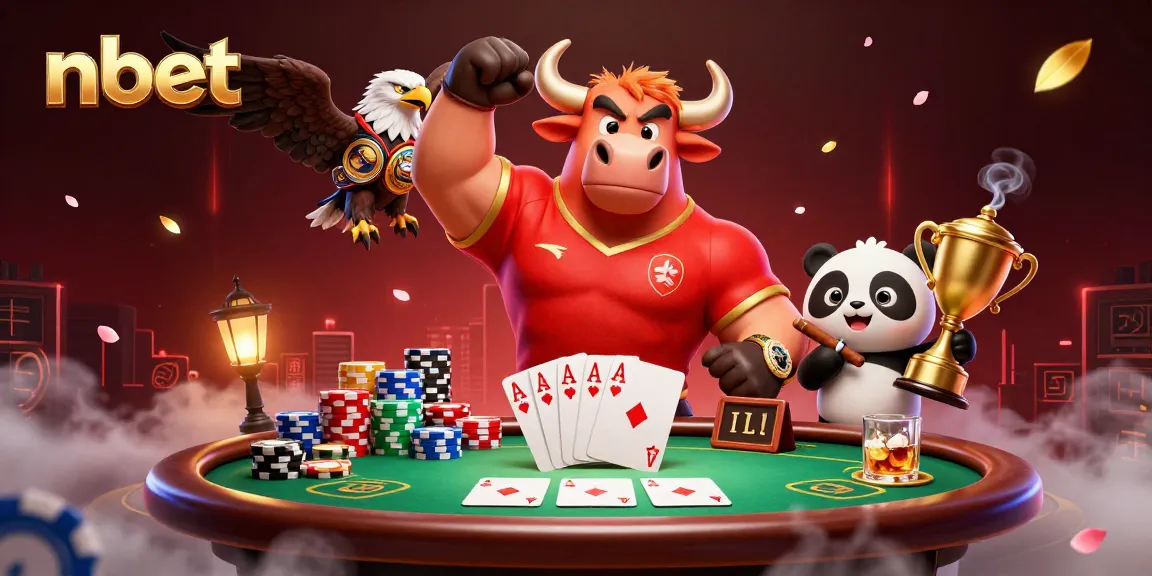 Engage with nbet in a vibrant 3D casino scene featuring a bull mascot, eagle, and panda celebrating poker.