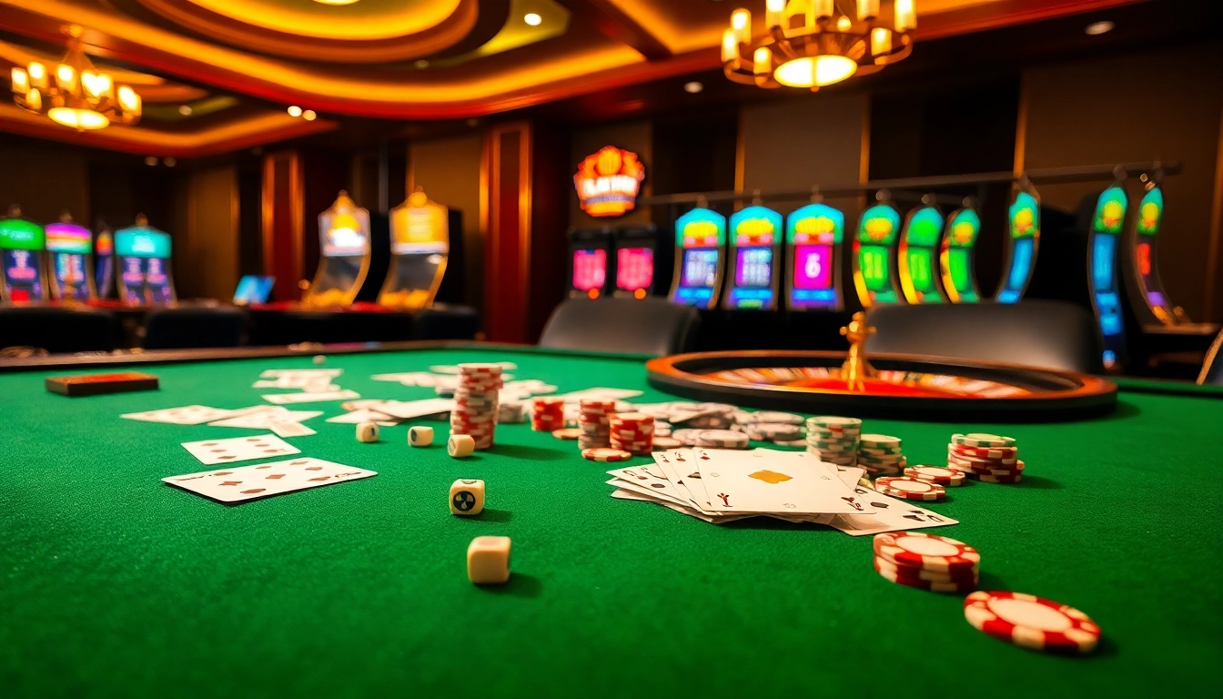 Experience thrilling gameplay at a luxurious casino featuring 7m poker chips and vibrant slot machines.