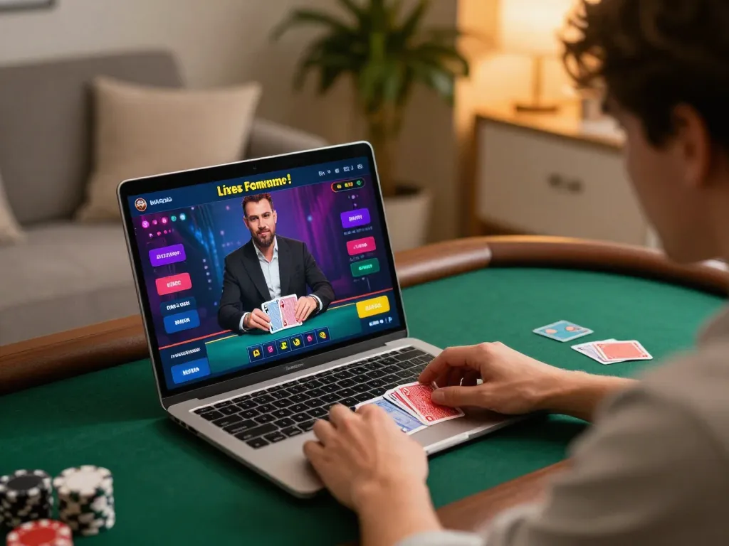Player engaging in live dealer blackjack on 58ff platform, showcasing intuitive interface and home gaming setup.