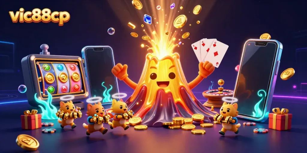 Play and win at vic88cp with a lively 3D cartoon casino illustration featuring treasure and gaming elements.