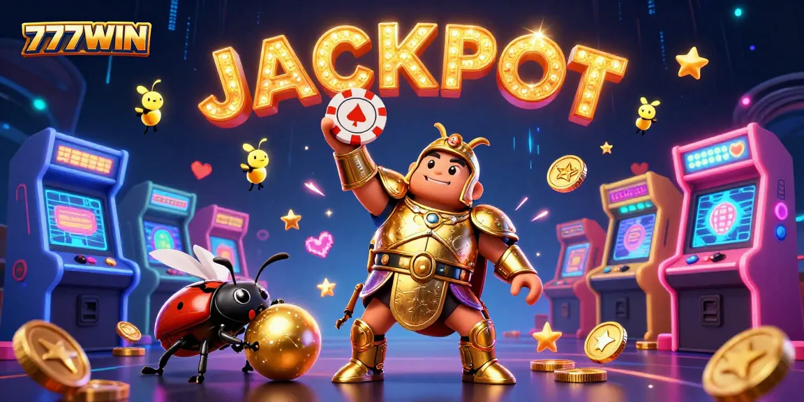 Experience excitement with 777WIN, a lively 3D illustration featuring a heroic beetle and casino elements.