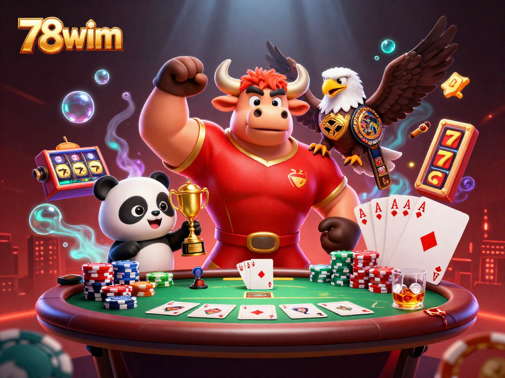 Experience 78wim's vibrant casino atmosphere with a victory pose from our bull mascot!
