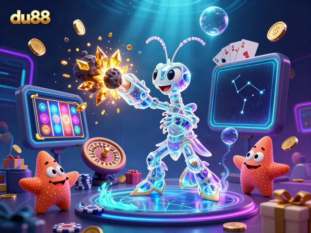 Experience du88 excitement with a galactic mantis shrimp and treasure-filled adventure in a vibrant casino.