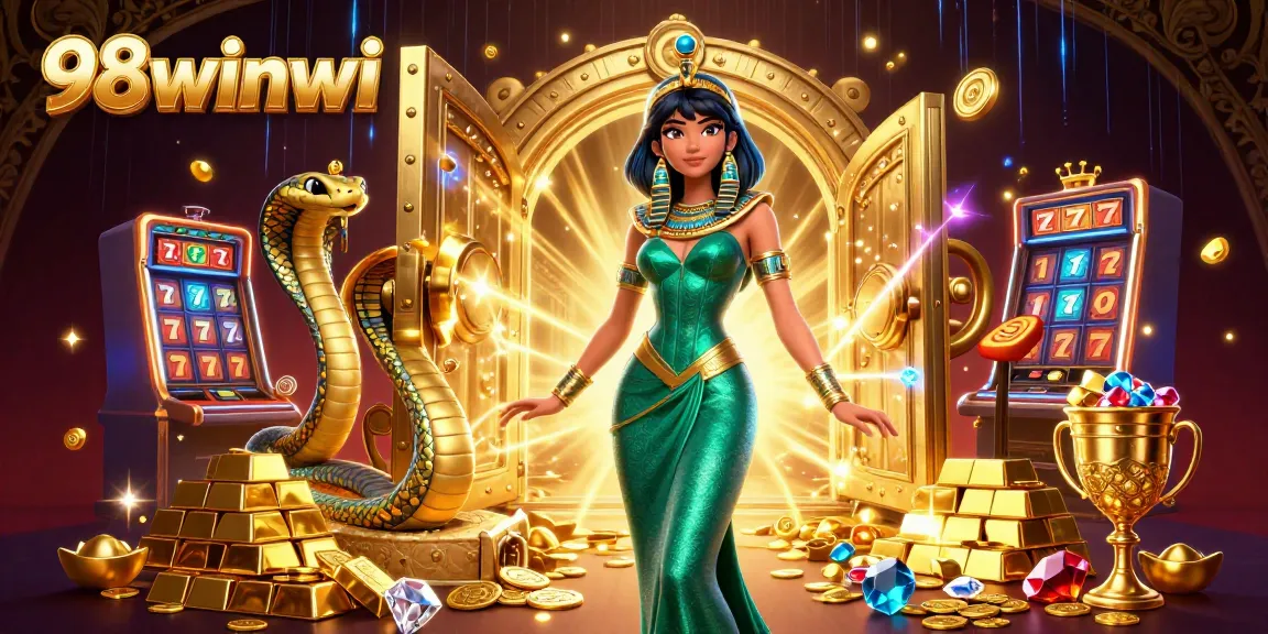 Spin to win big with 98winwi in a vibrant casino scene featuring golden treasures and slot machines.