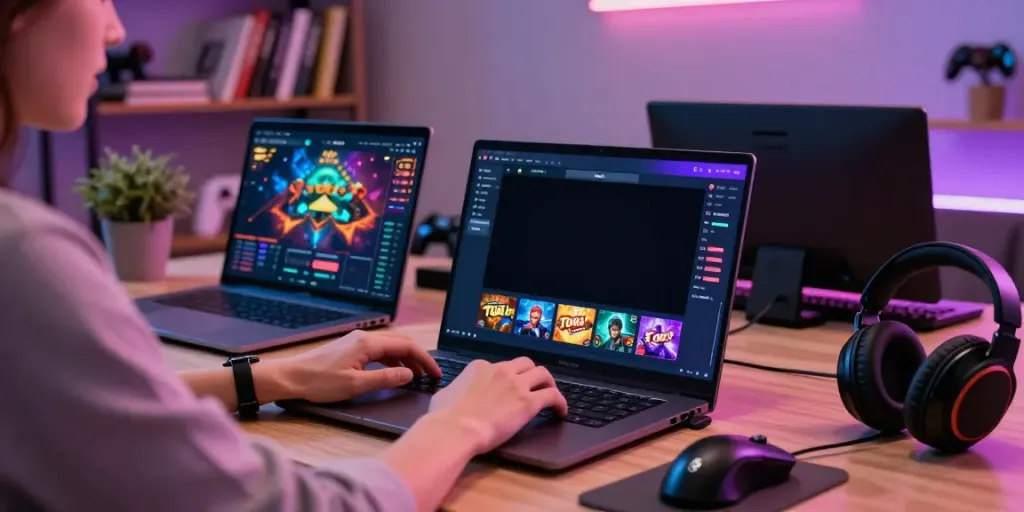 Usuário se divertindo com Javatoto em um ambiente de jogos online moderno, com laptop e acessórios.