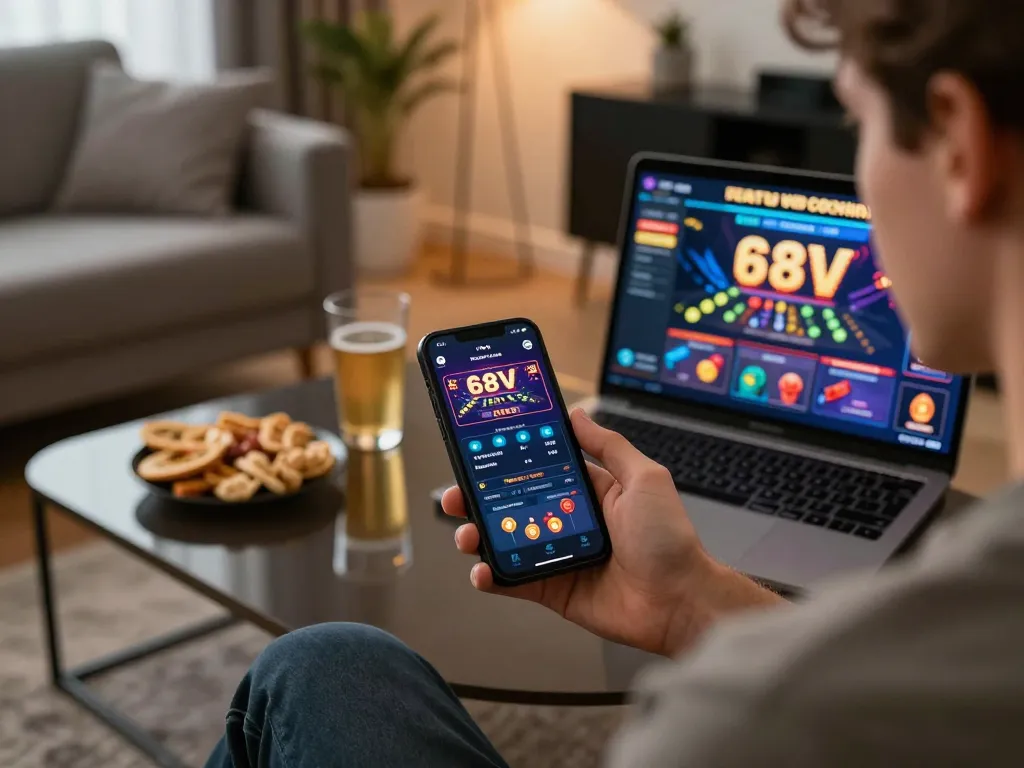 Players enjoy gaming on the 688V app in a cozy home setting, emphasizing responsible entertainment.