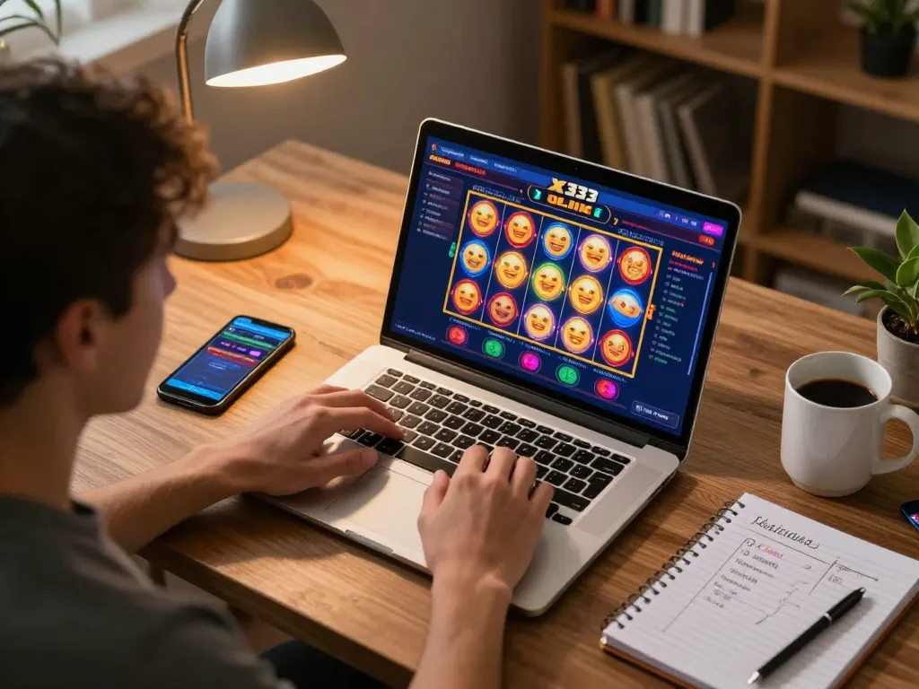 Engaged player spins the reels on X333 online casino, enjoying home gaming experience.