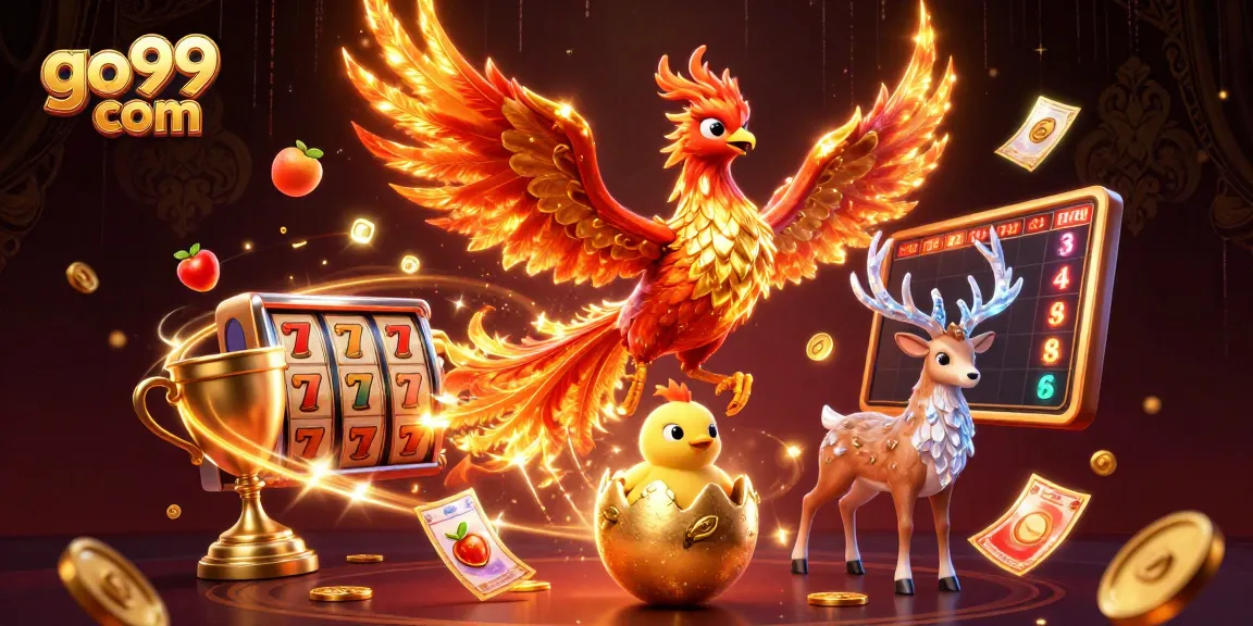 Experience the excitement at go99 com with a vibrant scene of gambling elements and animated characters.