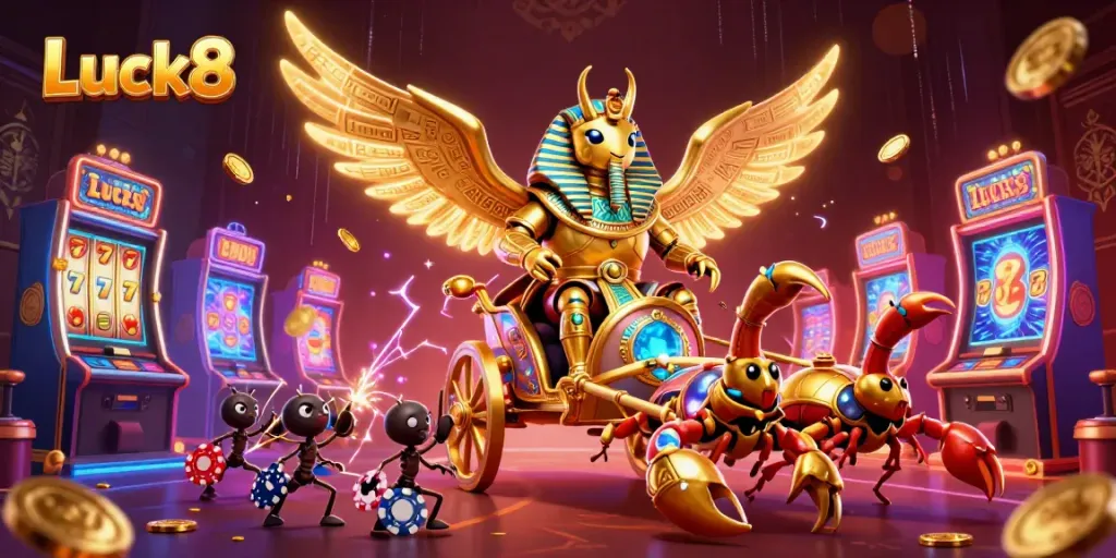 Luck8's colossal golden scarab beetle character rides a jewel-encrusted chariot, surrounded by vibrant casino elements.