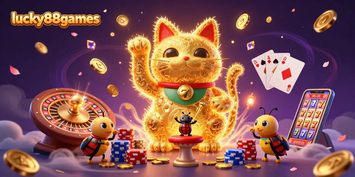 Experience the thrilling gameplay of lucky88games with a vibrant illustration of a lucky cat and casino elements.