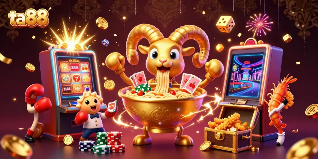Engage in thrilling gameplay at ta88 with a vibrant scene of animated characters amid an explosive casino setting.