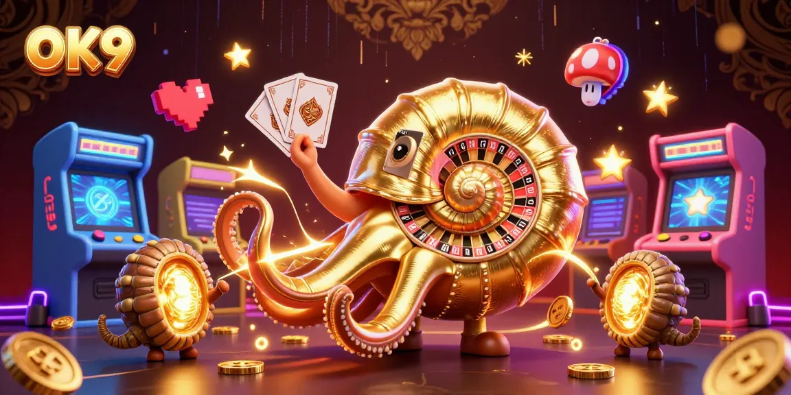 Experience the excitement of gambling at OK9 with a vibrant 3D illustration of a giant nautilus roulette wheel surrounded by colorful casino games.
