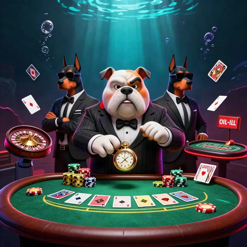 Bulldog mafioso e dois dobermans em mesa de cassino subaquática, luz neon e fichas