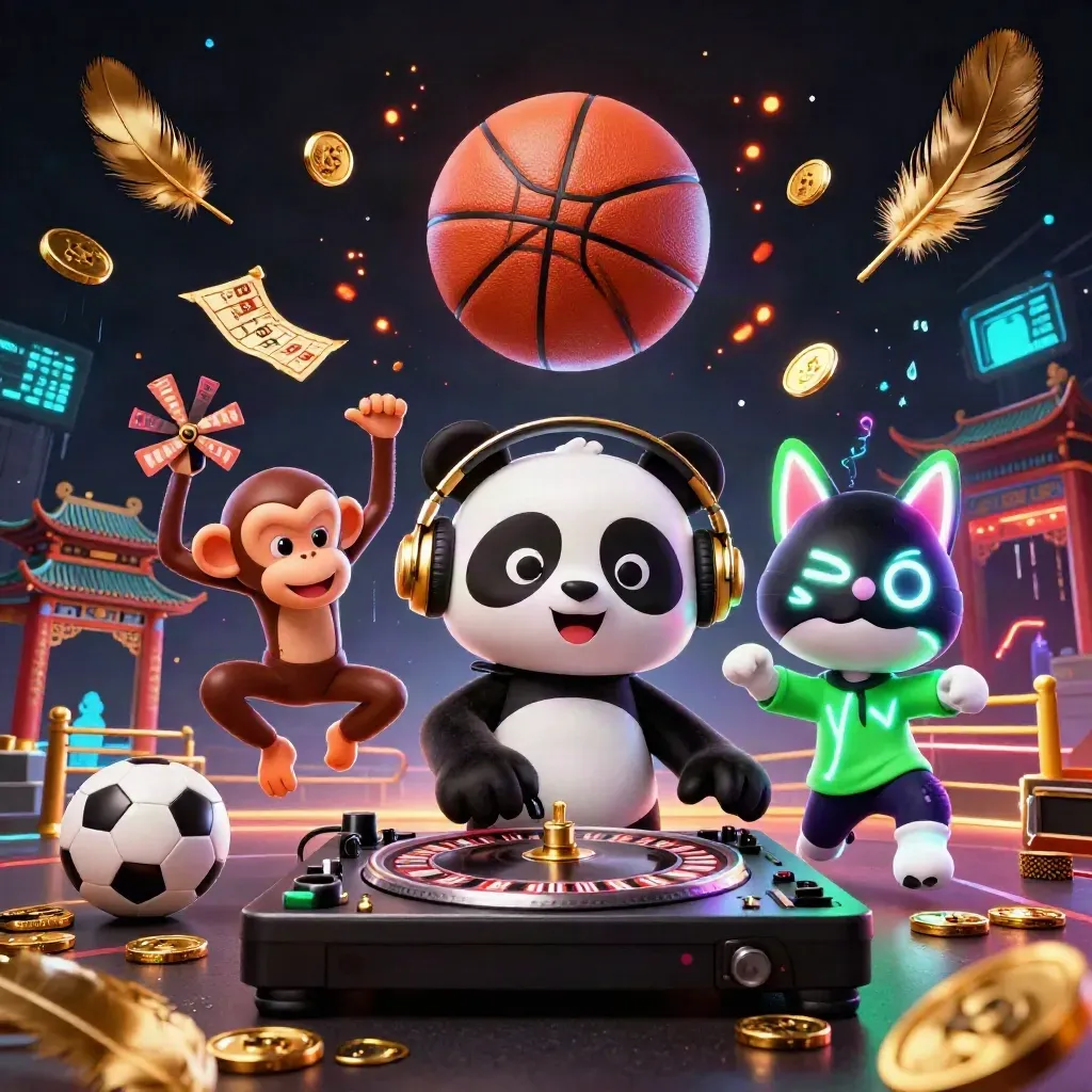 Panda DJ, macaco e gatinho neon com bola de basquete em cena casino vibrante
