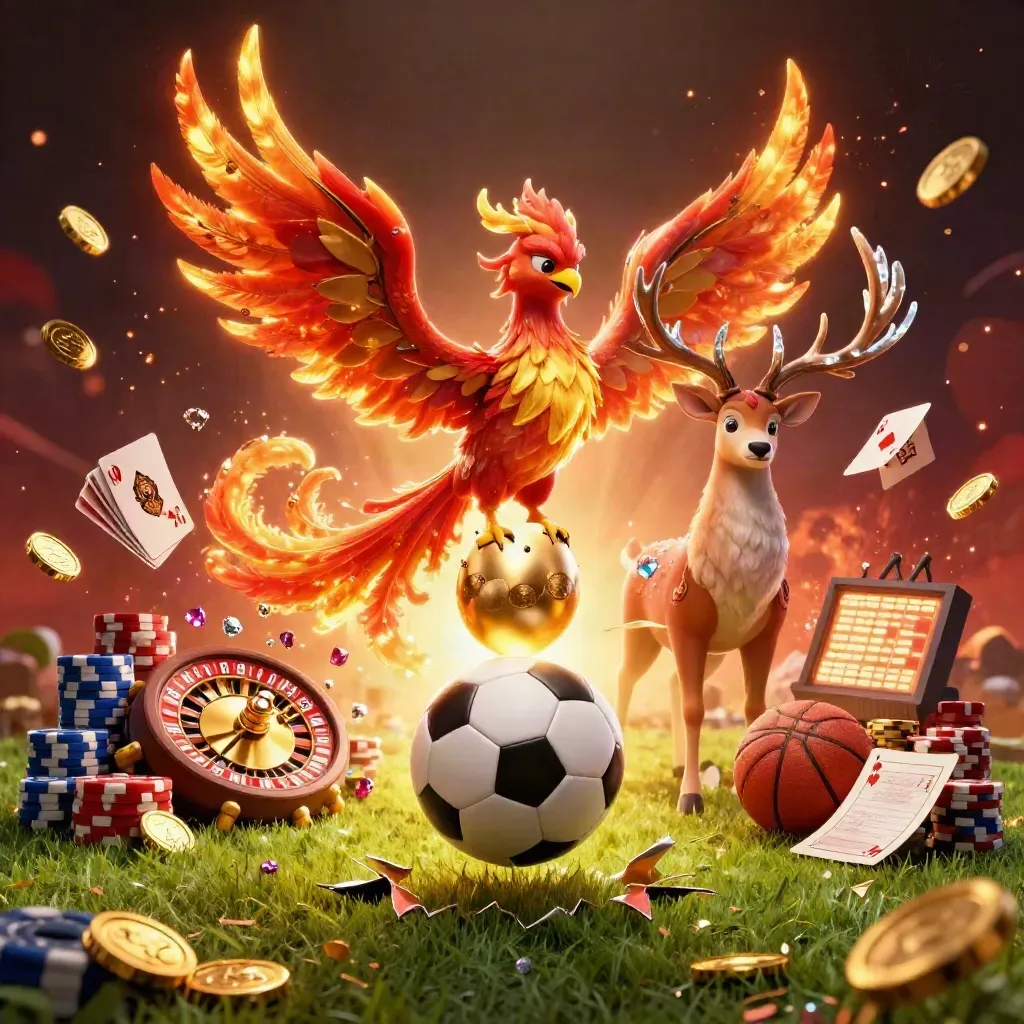 Fênix, cervo místico e bola de futebol em explosão dourada com moedas e luz de cassino.