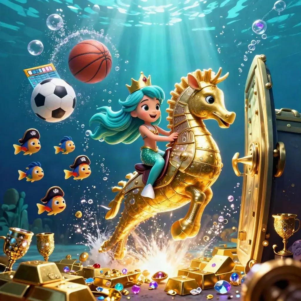 Mermaid princesa em cavalo-marinho dourado, peixes piratas e bolas flutuando no fundo do mar.
