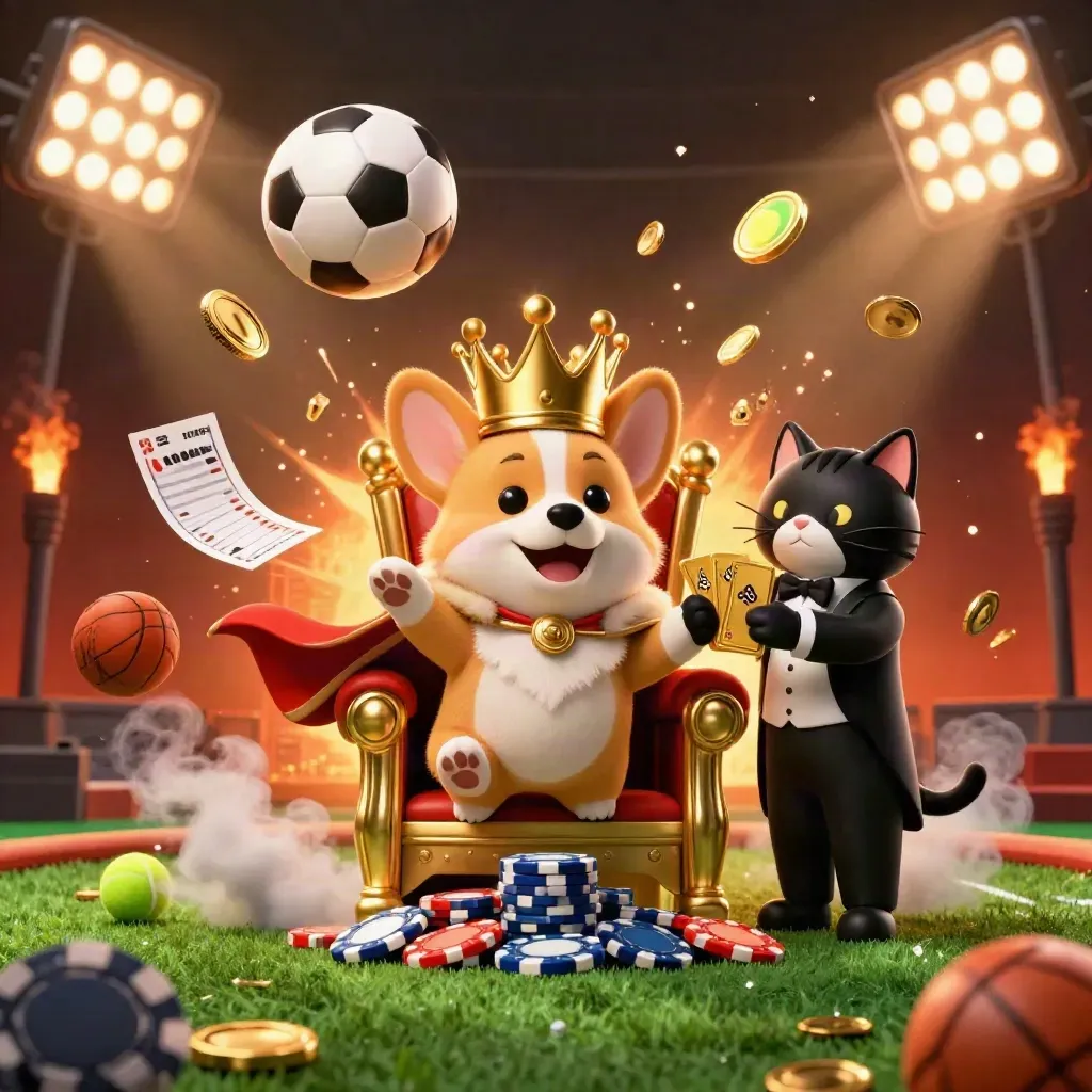 Corgi coroado e mordomo gato em trono de fichas, bolas e luzes de estádio.