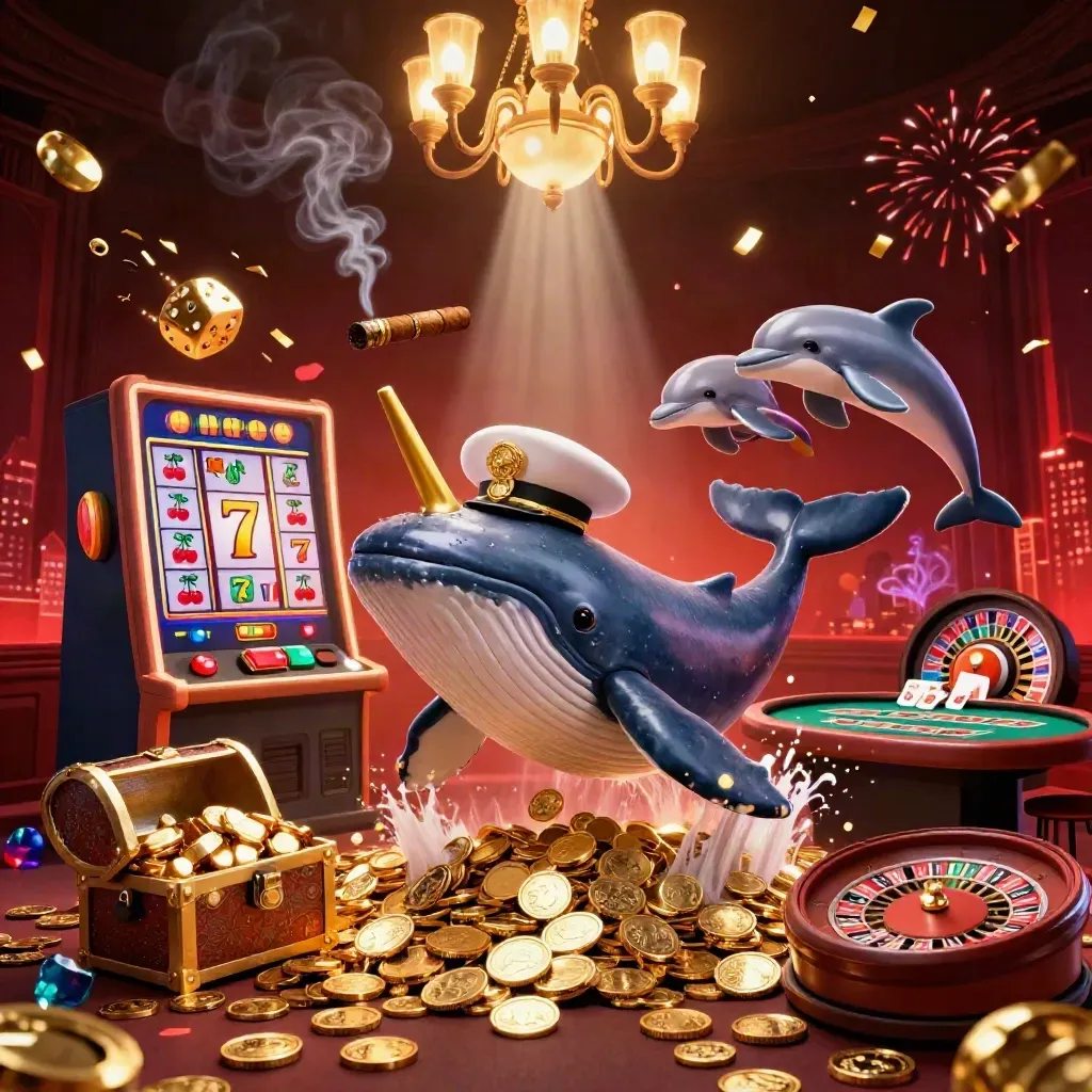 Baleia, narval e golfinhos num cassino luxuoso com slot, roleta, cartas e brilho dourado.