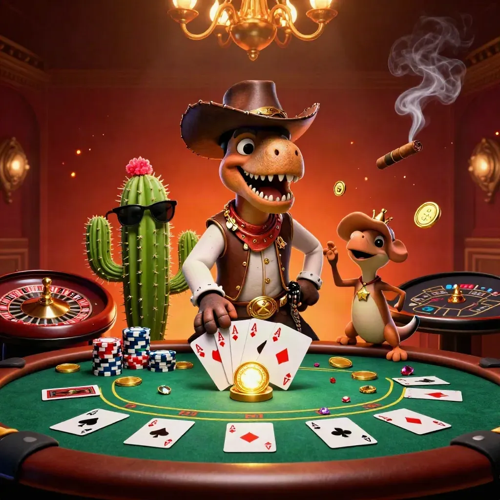 T-Rex cowboy, cacto e roadrunner em cassino luxuoso com luzes quentes e fichas.