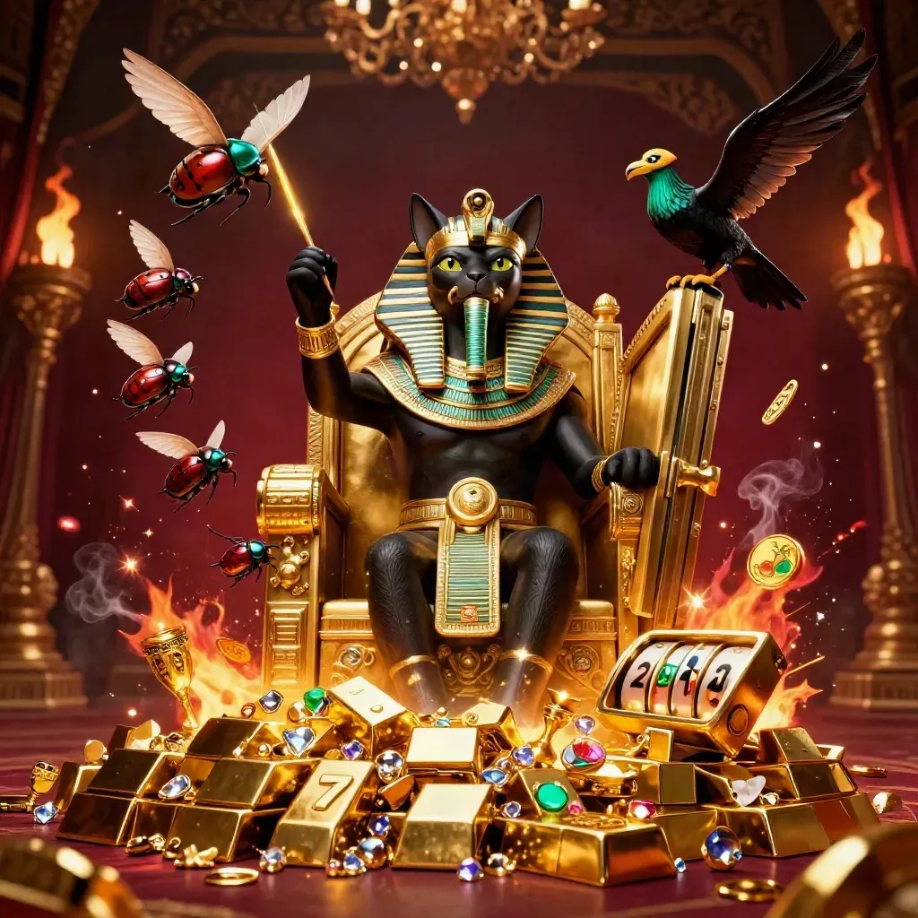 Gato faraó dourado no trono, escaravelhos e tesouro explodindo em luz
