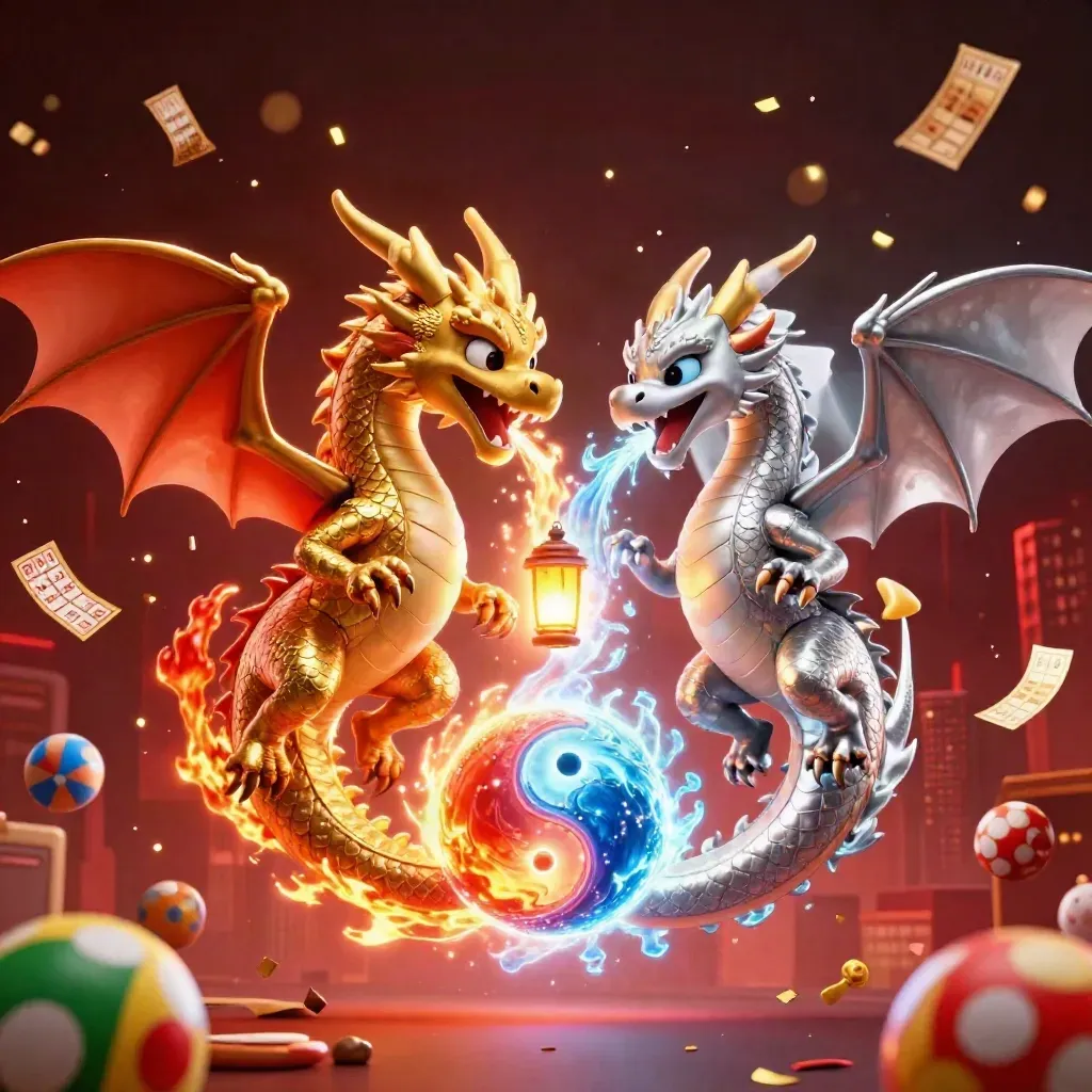 Dois dragões 3D entrelaçados, fogo e gelo em yin-yang, com bolas de bingo e brilho neon.