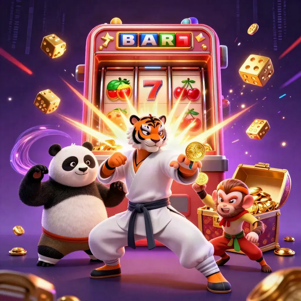 Tigre kung-fu com panda e macaco diante de caça-níquel neon explodindo em ouro.