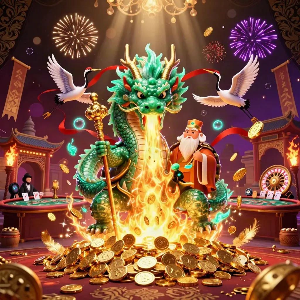 Dragão esmeralda, tartaruga sábia e moedas douradas explodindo em luxo de cassino.