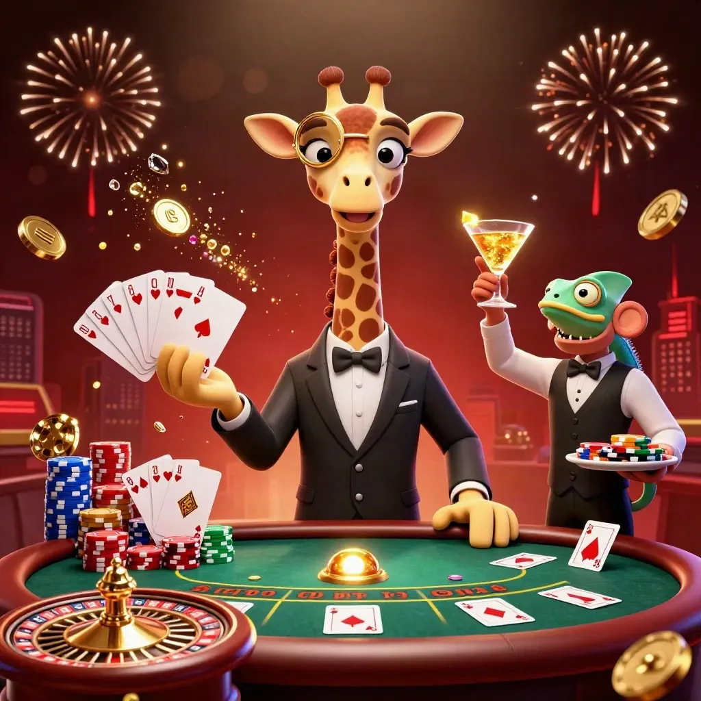 Girafa, macaco e camaleão em mesa VIP cercados de moedas, cartas e luz dourada.