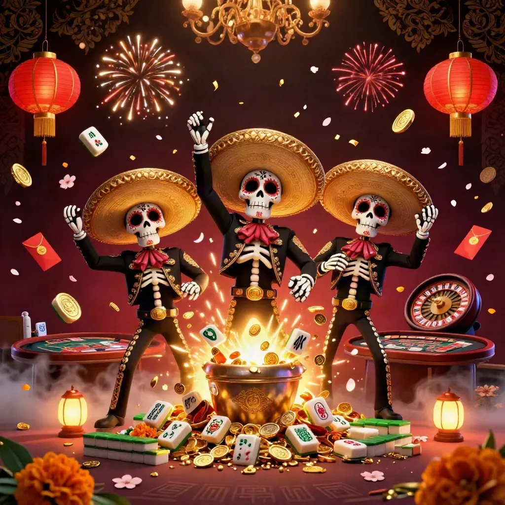 Trio de esqueletos mariachi em festa, com moedas, fogos e roleta num cassino luxuoso.
