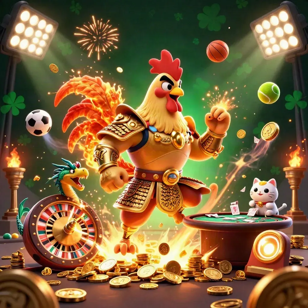 Galo samurai, dragão e gato da sorte entre moedas, troféu, roleta e fogos em verde e dourado.