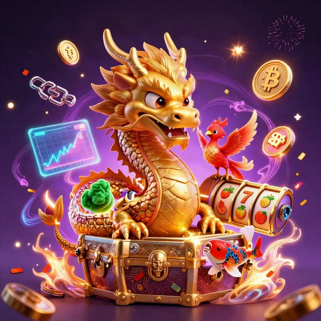 Dragão chinês dourado com fênix, koi e moedas neon em cenário de cassino vibrante.