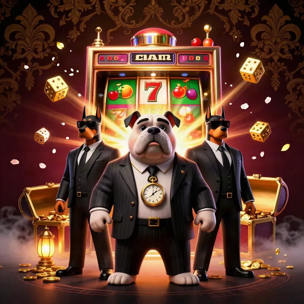 Bulldog mafioso e dois dobermans cercados por caça-níqueis, moedas e brilho dourado.