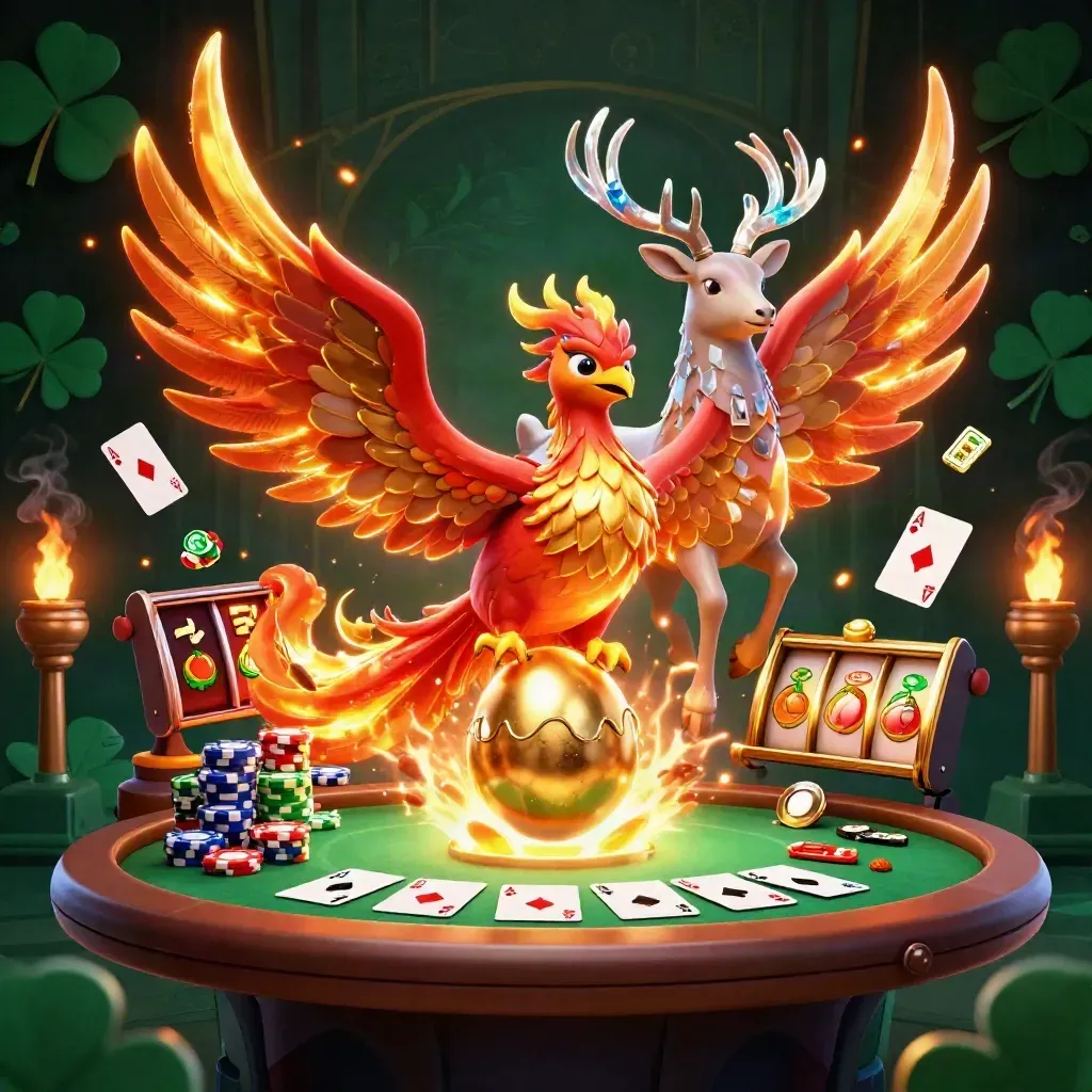 Fênix 3D, cervo místico e filhote saindo de ovo dourado com cartas e fichas neon.