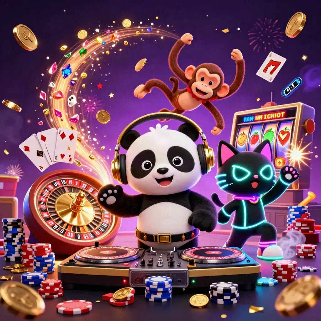 Panda DJ, macaco e gatinho neon em cena de cassino com moedas e roletas.